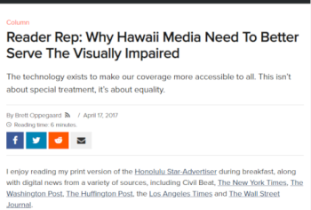 Screenshot of the Reader Rep: Why Hawaii Media Need To Better Serve The Visually Impaired article