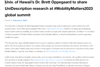 Screenshot of the Univ. of Hawaii’s Dr. Brett Oppegaard to share UniDescription research at #MobilityMatters2023 global summit article